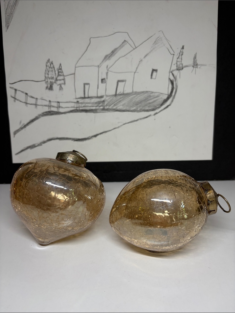 2 Kugel Style Crackled Glass Amber /Gold Glass Ornaments, Heavy.